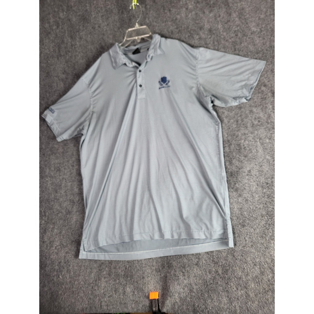 Dunning‎ Golf Polo Shirt Striped 29 Masters Classic Logo Men Sz XL Graphic Print
